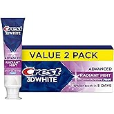 Crest 3D White Advanced Toothpaste, Radiant Mint, 3.3 oz (Pack of 2), Whiter Teeth in 5 Days, Enamel Safe Fluoride Anticavity Toothpaste for Stain Removal and Prevention