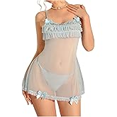 OYOANGLE Women's 2 Piece Sheer Lingerie Set Lace Trim Sheer Chemise and Thongs Mesh Strap Nightgowns