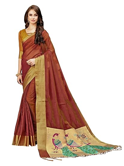 Womens Banarasi Cotton Silk Saree With Blouse Piece (jari_digital_brown_Brown)