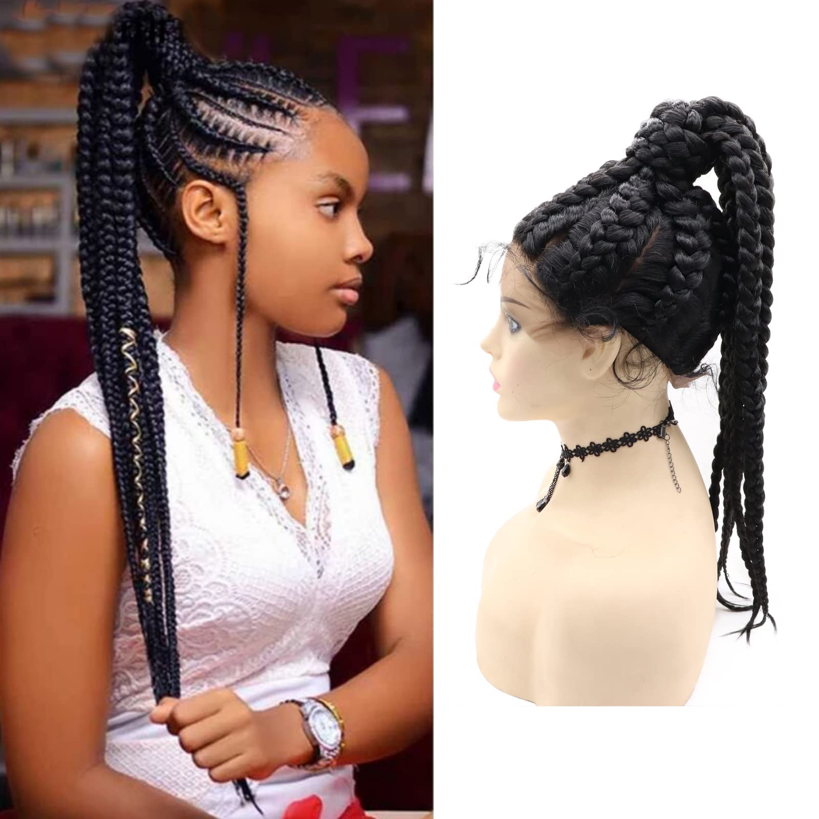 karissa Hair Long Black Braided Wigs for Women Soft 7 Box Braid Cornrow Ponytail Wig with Baby 360 Braids Afro Realistic Full Lace Synthetic Braiding Heat Resistant Fiber Cosplay Daily, 24