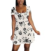 LYANER Women's Scoop Neck Short Sleeve Ruffle Hem A Line Flare Mini Basic Dress