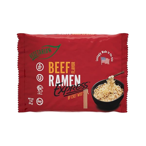 RAMEN EXPRESS BEEF FLAVOR RAMEN NOODLE PACKS, 3 OZ EACH (PACK OF 24) | ANIMAL-FREE RAMEN NOODLES | ALL PLANT-BASED | MADE IN U.S. WITH FINEST AMERICAN FLOUR