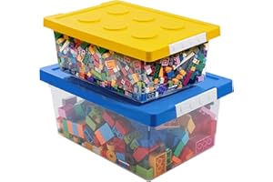 Loobuu Plastic Storage Bins with Lids - Stackable Toy Organizer Box Set of 2, Kids Toy Chests with Compatible Building Baseplate and Lid, Storage Container for Building Bricks - Yellow+Blue