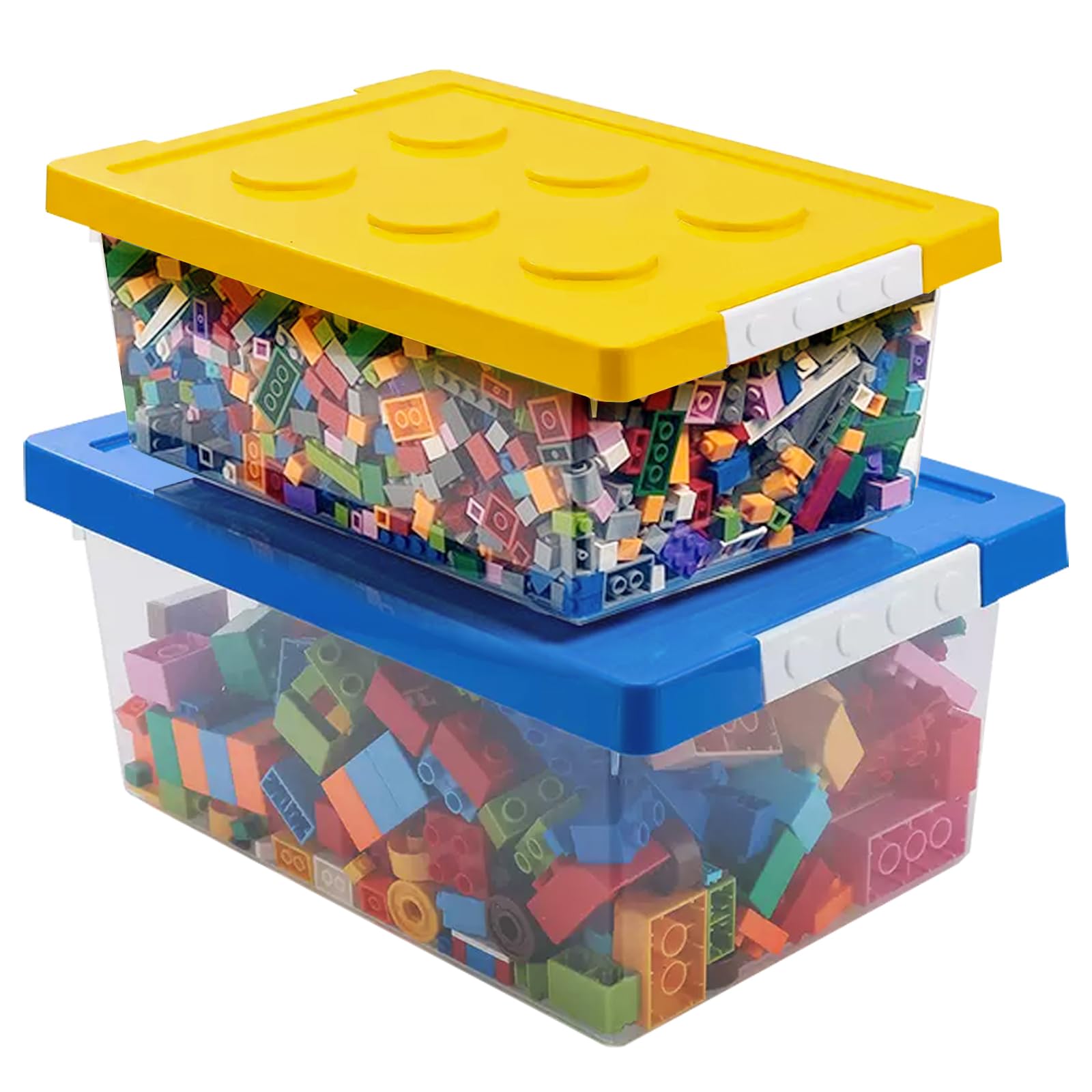 Photo 1 of Loobuu Plastic Storage Bins with Lids - Stackable Toy Organizer Box Set of 2, Kids Toy Chests with Compatible Building Baseplate and Lid, Storage Container for Building Bricks - Yellow+Blue