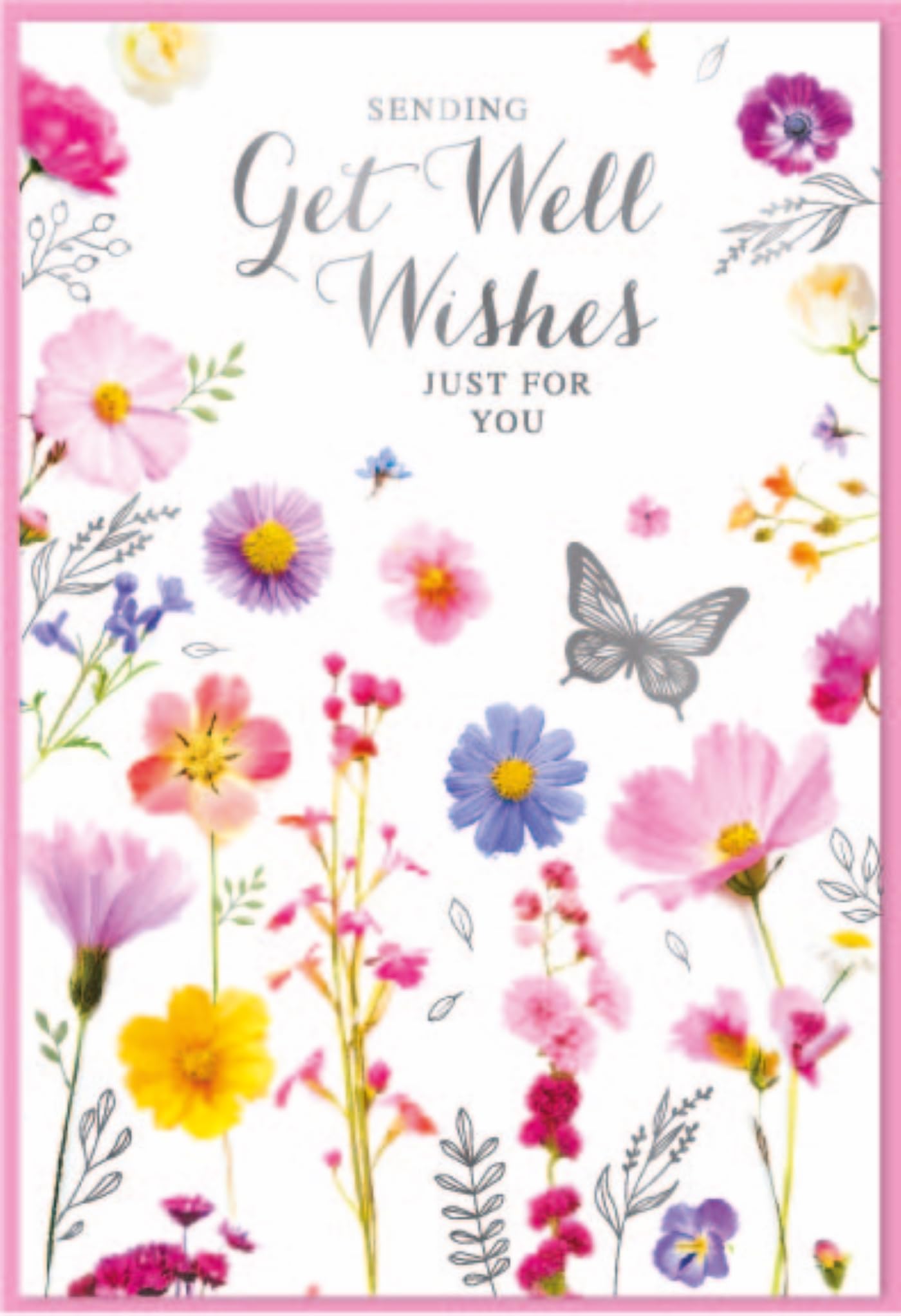 Get Well Soon Greetings Card - Butterflies Flowers with Silver Foil 7.75x5.25