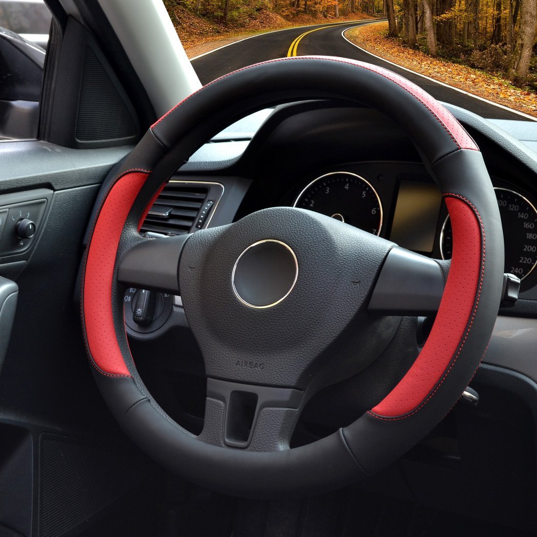 Car Steering Wheel Cover,Diameter 14 inch,PU Leather,for Full Seasons,black and red,Size S