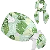 Red Blooming Rose Flowers Black Working Cap with Scrunchy and Ribbon Tie for Women, Long Hair