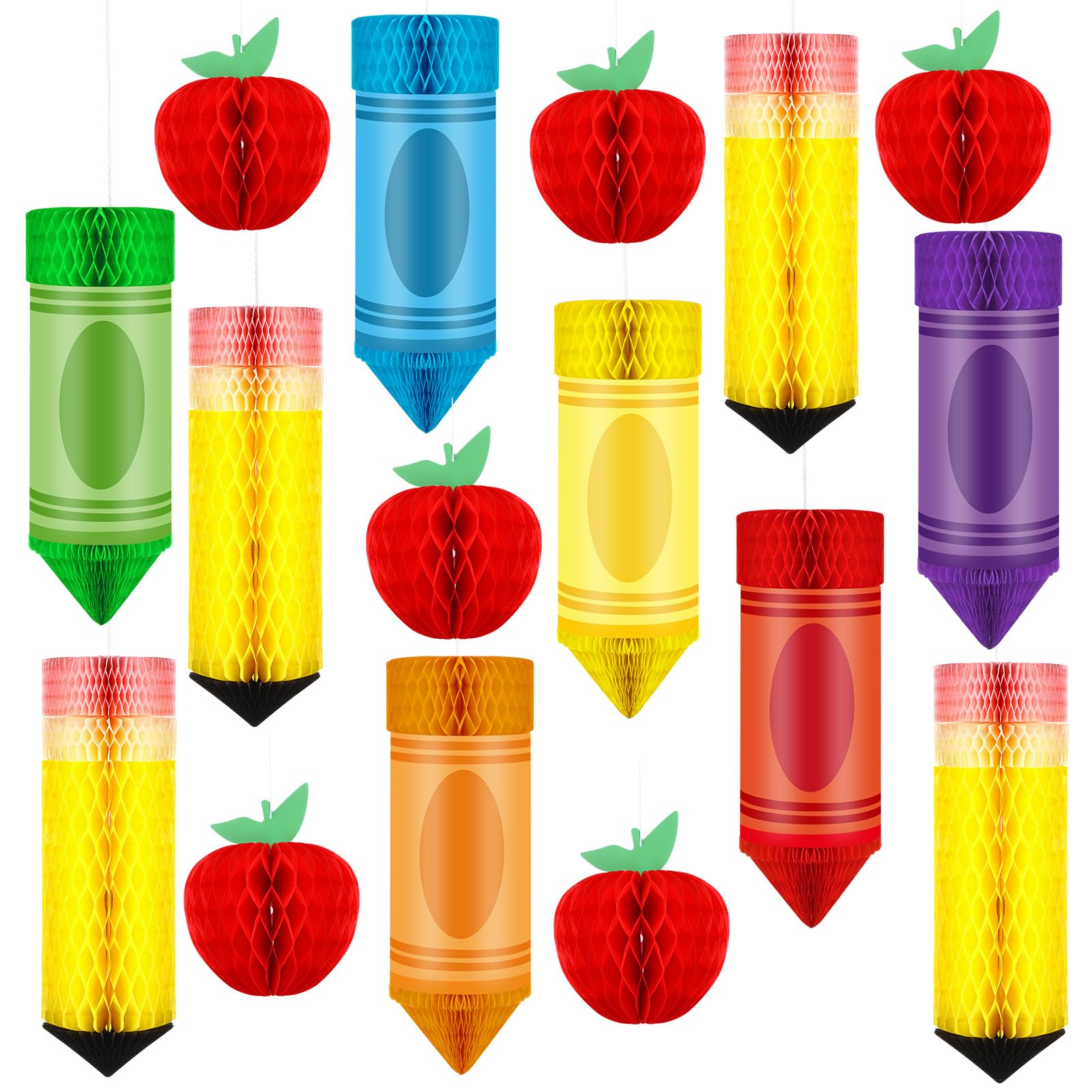 Photo 1 of Welcome Back to School Hanging Decorations First Day of School Paper Honeycombs Pencil Apple Crayon Hanging Honeycomb Balls for Welcome Back Party Classroom Ceiling Decoration Supplies