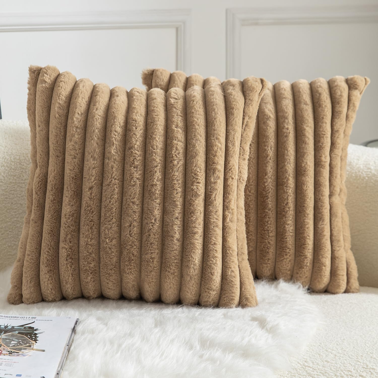 Mandioo Pack of 2 Decorative Cushion Covers 30cm x 50cm Faux Fur Striped Plush Soft Throw Pillow Covers Pillow Cases Bedroom Living Room Sofa Home 20x20 Inch Camel