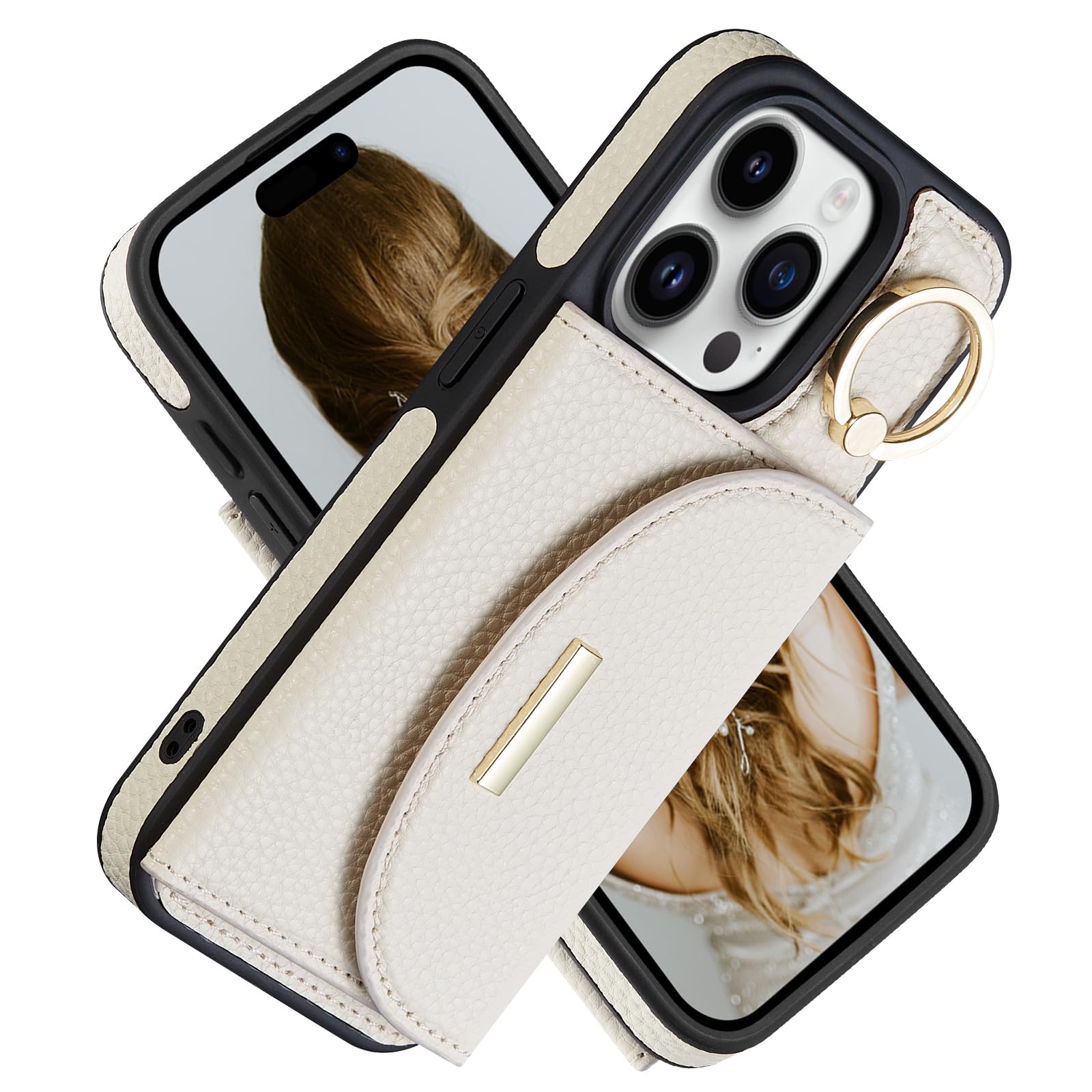 Photo 1 of Keallce Wallet Case for iPhone 15 Pro 6.1'', Flip Case with Card Slots, Ring Holder Kickstand, PU Leather Protective Folio Cover for Women, Beige