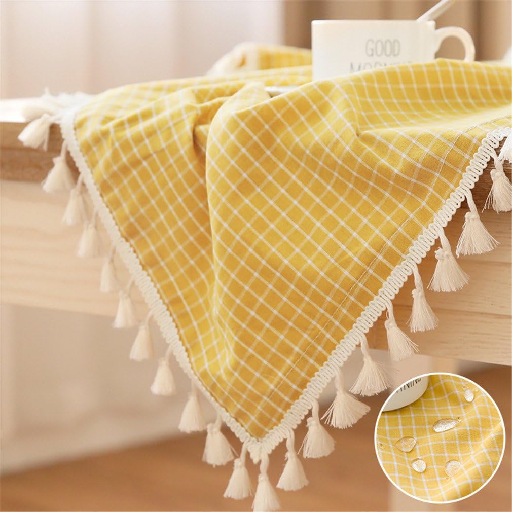 LUCKYHOUSEHOME Yellow and White Checkered Tassel Rectangular Tablecloth Waterproof Rural Home Kitchen Dinning Tabletop Table Cover 55 x 71 Inch