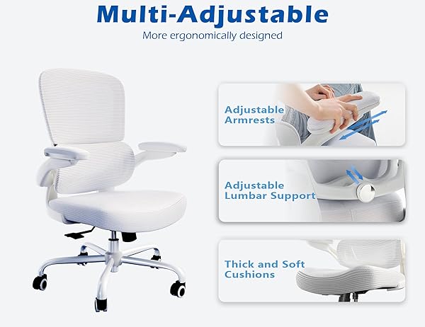 TRALT ERGONOMIC OFFICE CHAIR – DESK CHAIR WITH ADJUSTABLE LUMBAR SUPPORT COMPUTER CHAIR – MESH COMFY CHAIR WITH FLIP-UP ARMRESTS – GAMING CHAIRS FOR ADULTS HOME OFFICE (LEATHER, WHITE)