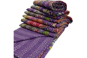 Sophia-Art Twin/King Indian Fruit Reversible Bedspread Pattern Gudri Pure Cotton Kantha Style Quilt Floral Fruit Print Decorative Kantha Stitch Quilt (Purple, King 90 * 108 Inches)
