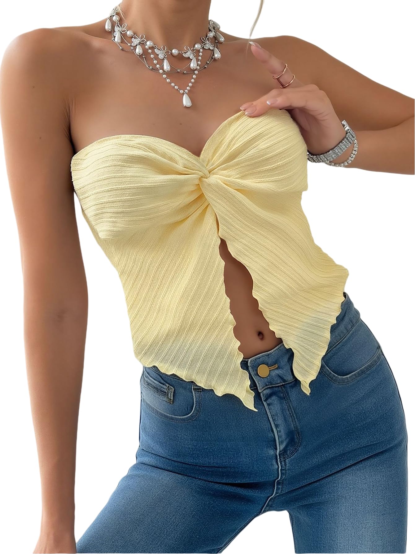 Photo 1 of SISKIN Womens Tank Tops Summer Casual Cute Crop Strapless Tank Top for Women 2025 Vacation Yellow S