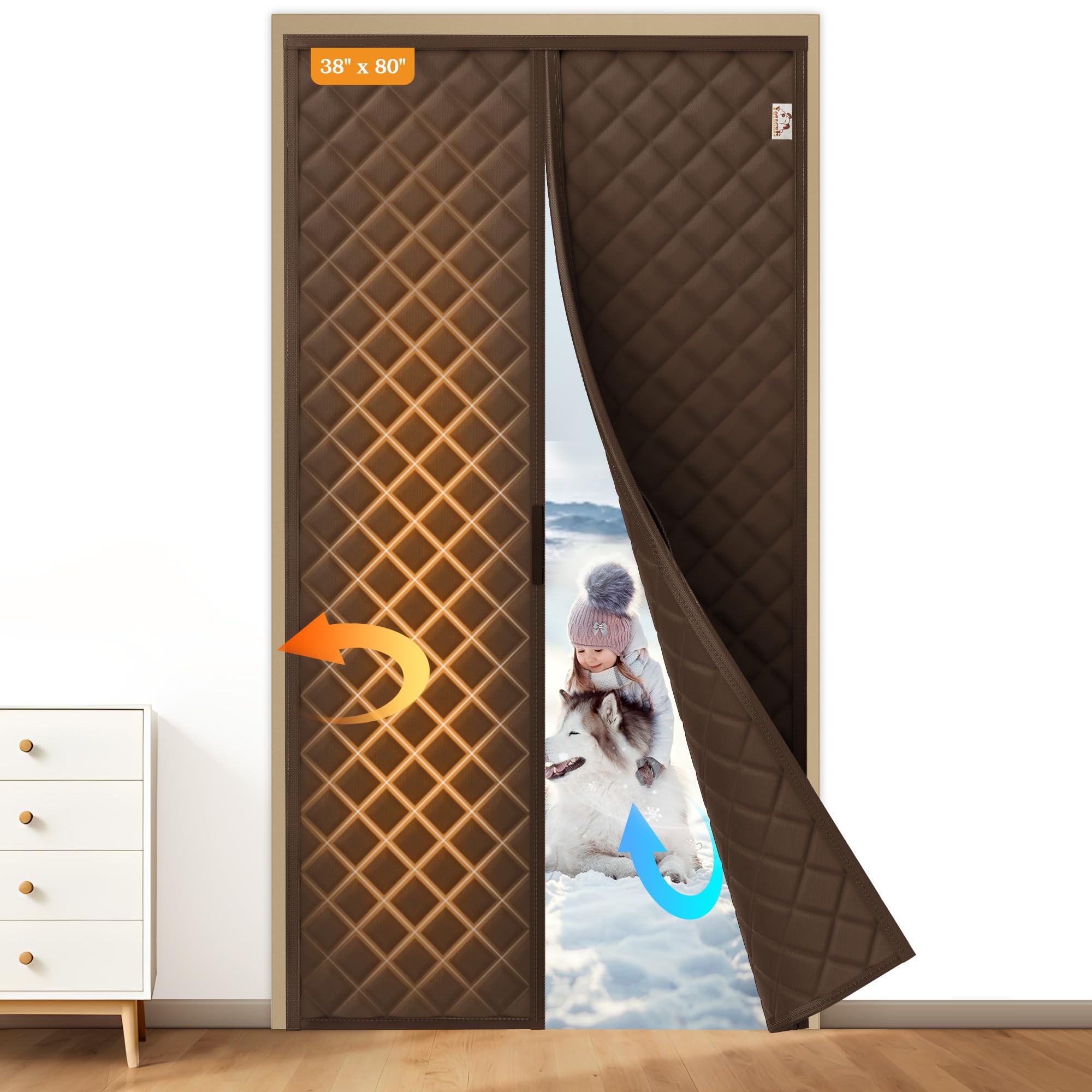 Yotache Magnetic Thermal Insulated Door Curtain 40"x82" Fits 38"x80" Doors, All-Season Draft Stopper with 300D Weatherproof Oxford Material, Thermal Door Cover for Winter & Summer, Brown Image