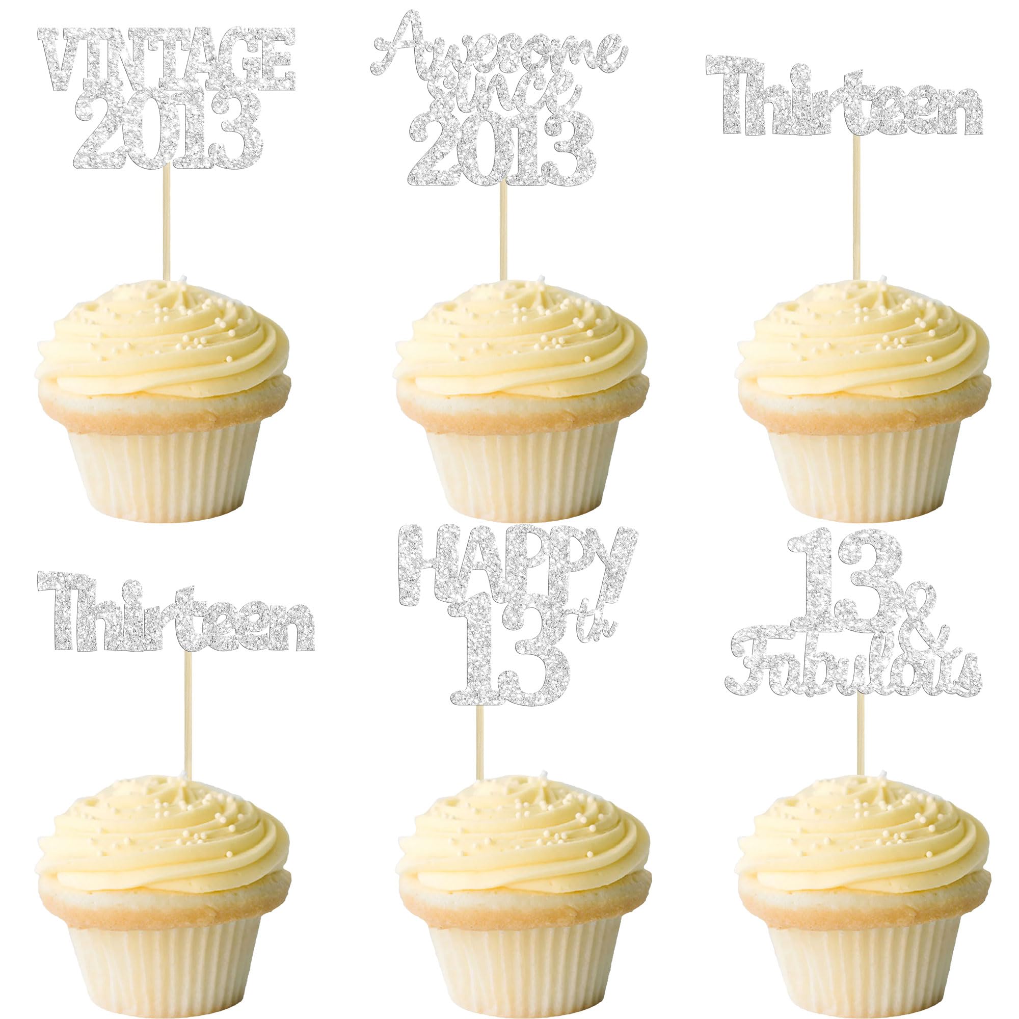 Gyufise 30Pcs Vintage 2013 Cupcake Toppers Glitter Thirteen 13 Fabulous Happy 13th Birthday Cupcake Picks Cheers to 13 Years for 13th Birthday Wedding Anniversary Party Supplies Silver