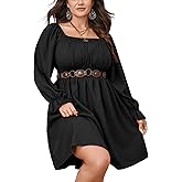 SHESTARR Plus Size Mini Dress for Curvy Women Long Sleeve Square Neck Elastic Waist A Line Textured Casual Short Fall Dresses