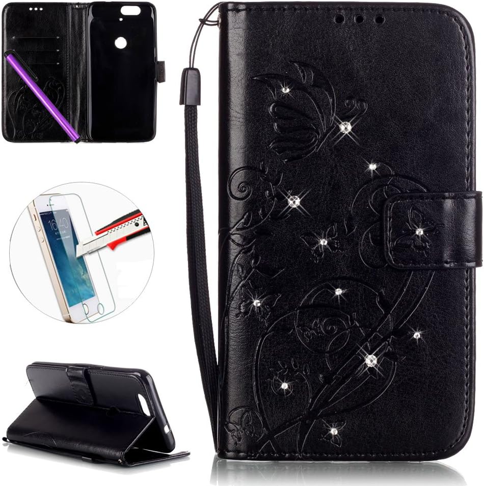 Huawei NEXUS 6P Leather Wallet Case Book Cover , NEWSTARS Lightweight Folio Flip Shiny Bling Rhinestone PU Case Diamond Design Mobile Cell PhoneCover Protect Skin Leather Case For Huawei NEXUS 6P Phone Kickstand Card Holder ID Pouch / Cash Pocket / Card Slots + 1Pcs Screen Protector + 1Pcs Stylus Touch Pen -Diamond Black