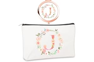 BOUTIKPRO Personalized Gift Initial Compact Mirror w Makeup Bag for Women Sister Daughter Mom Wife, Floral Monogram Alphabet Small Mirror Ideal Gift on Birthday, Christmas, Graduation (J + Bag, ROSE GOLD)