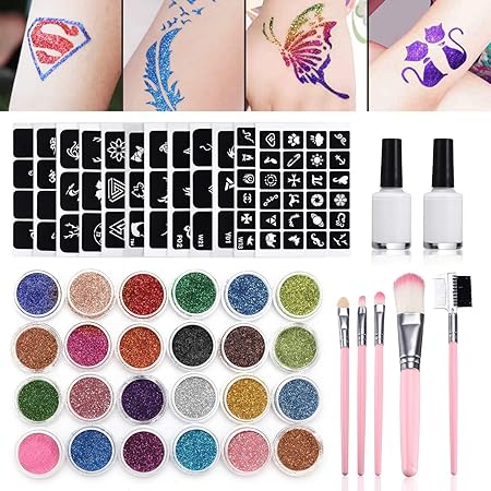 Glitzer Tattoo Set, Luckyfine Neues Glitzer Tattoo-Kit mit 24 Großen Glitzertuben & 125 Schablonen & 2 Glue & 5 Bürsten, Temp