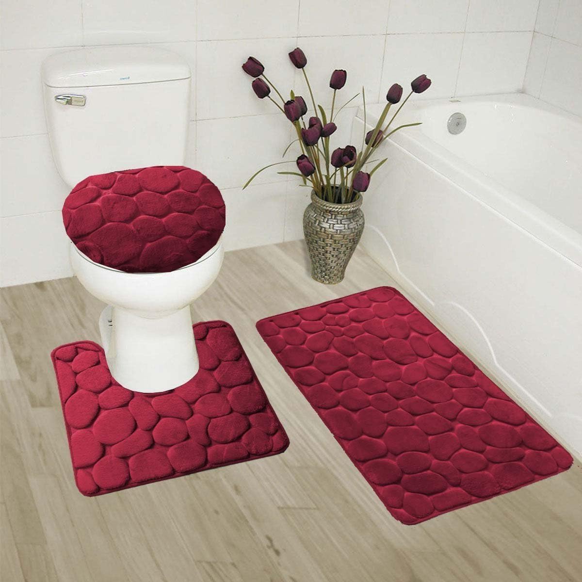 3pc Bath Rug Set Memory Foam Non-Slip Bathroom Rug Contour, Mat and Toilet Lid Cover Burgundy New