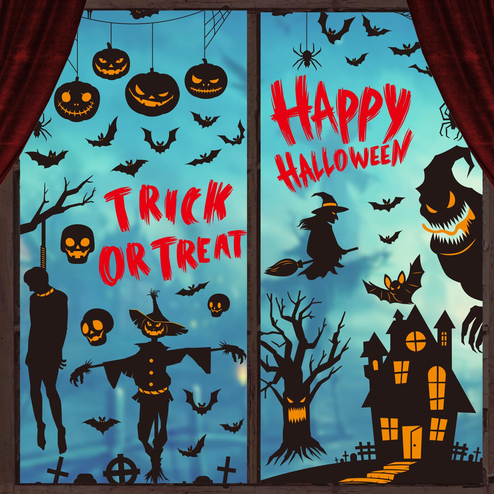 Zindoo Halloween Window Stickers Clings, 87pcs Halloween Window Decorations, 9Sheet Spider Bats Ghost Witch Pumpkin Halloween Stickers Reusable Window Decor for Home Party Halloween Decorations Indoor