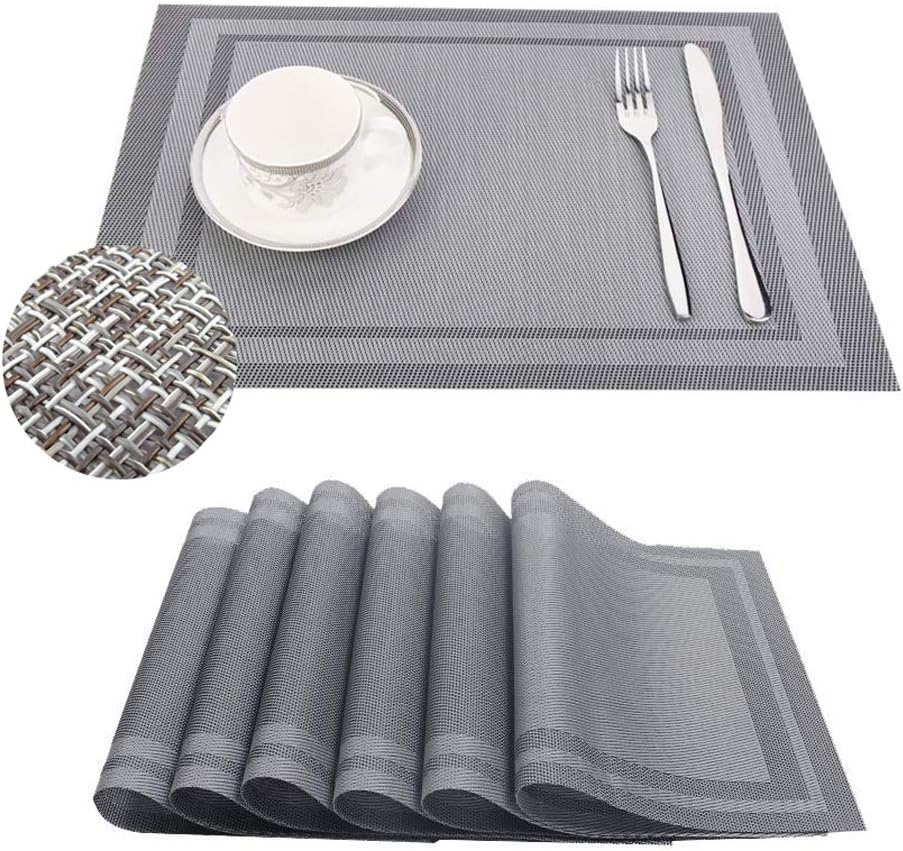 PSATO 6Pcs Washable Grey Placemats Heat-Resistand Woven Vinyl Placemat with Non Slip Insulation Design - Easy to Clean for Kitchen Family Wipeable Table Mats,12X18 Inch