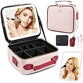 GIUWESOY Travel Makeup Bag with Light Up Mirror, Portable Makeup Bag with Led Light Women Waterproof Makeup Travel Case adjustable dividers Rechargeable Vanity Mirror with 3 Color Lights (Pink)