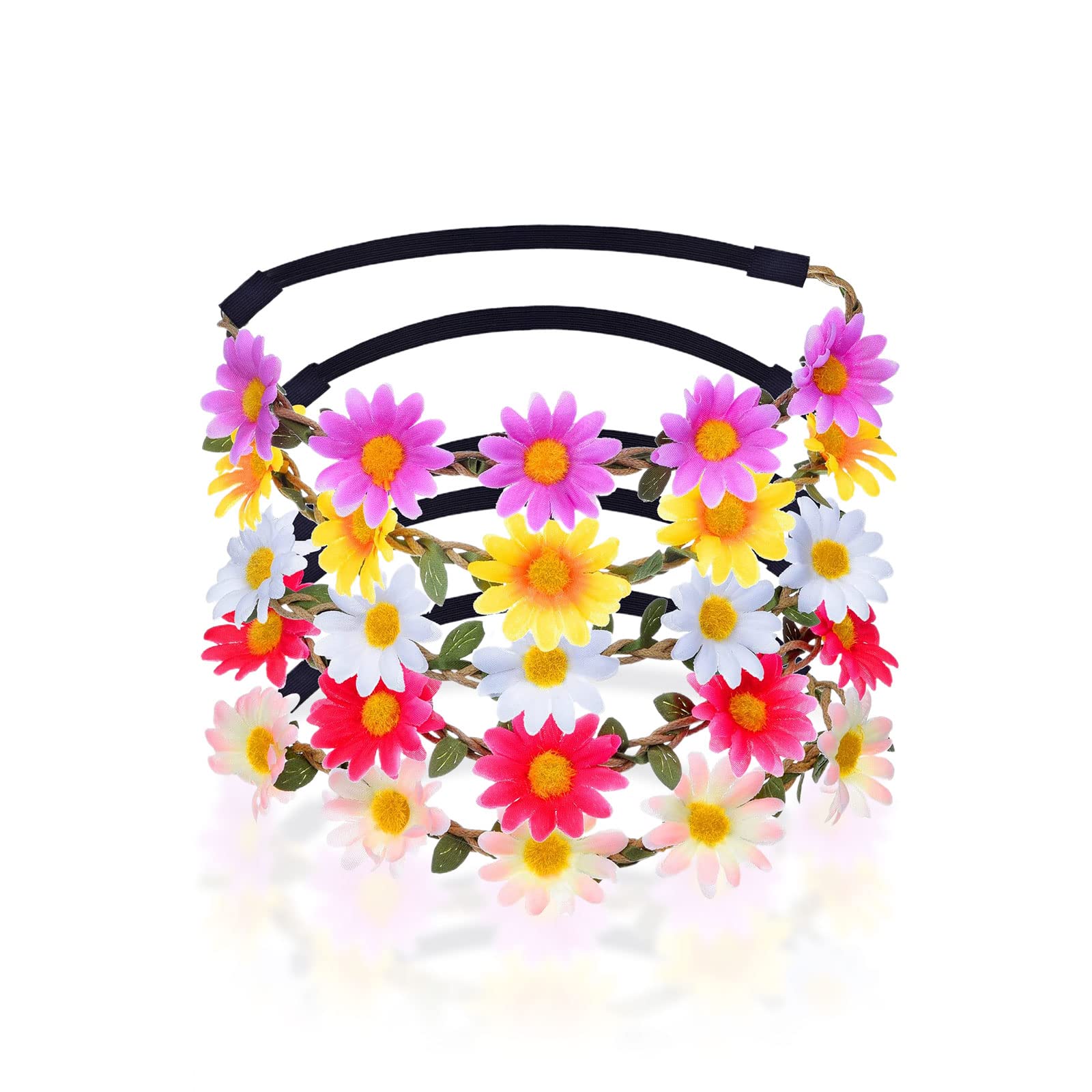 TSHAOUN Daisy Flower Hair Band, Girls Flowers Artificial Headband, Festival Hair Accessories, Floral Hair Hoops Wreath, Ladies Floral Festival Flower with Adjustable Elastic Ribbon (5 pieces)