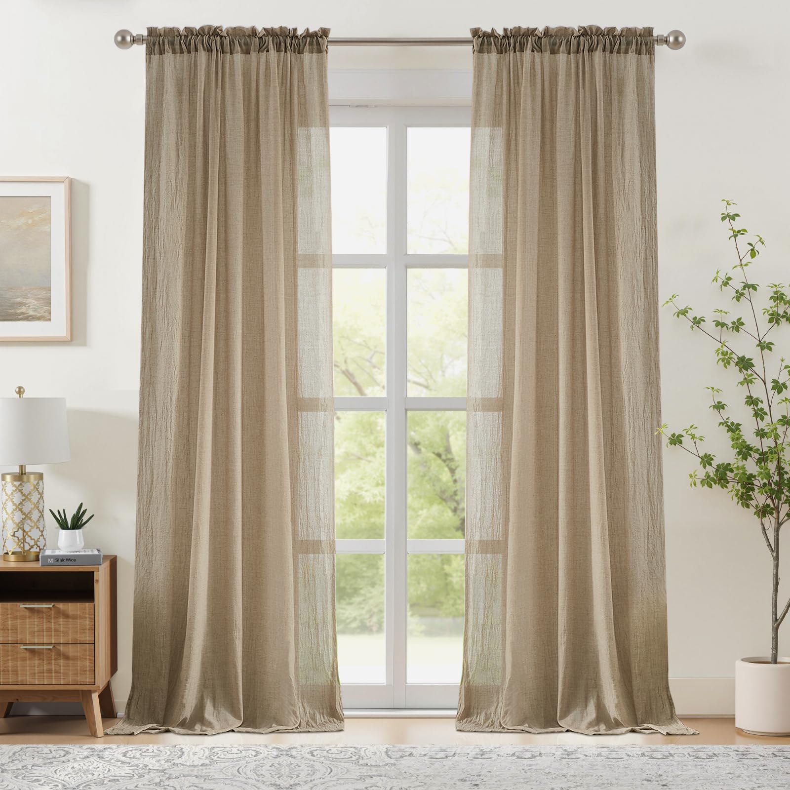 Melodieux Tan Beige Sheer Curtains 108 Inches Long for Patio Sliding Door, Elegant Cotton Linen Light Filtering Curtains Floor to Ceiling Rod Pocket Window Sheer Drapes, 52" W x 108" L, 2 Panels