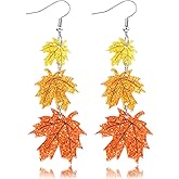 Thanksgiving Earrings Fall Long Maple Leaf Drop Danlge Earrings for Women Lightweight Acrylic Glitter Autumn Holiday Jewelry