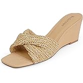 Modatope Wedge Sandals for Women Braided Wedge Heels Square Open Toe Raffia Dressy Womens Sandals