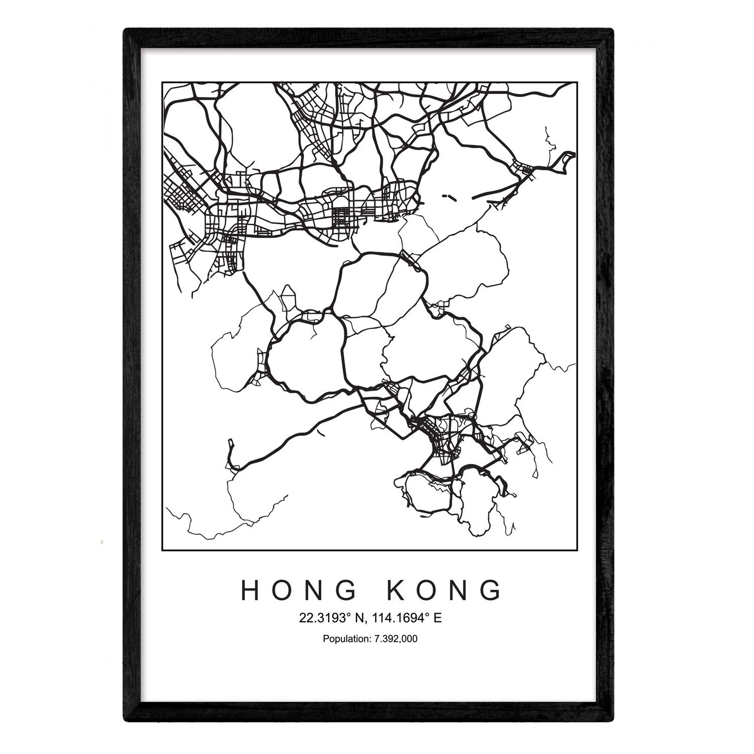 Nacnic Print city map Hong Kong nordico style in black and white. A3 size poster Printed paper No 250 gr. Paintings, prints and posters for living room and bedroom