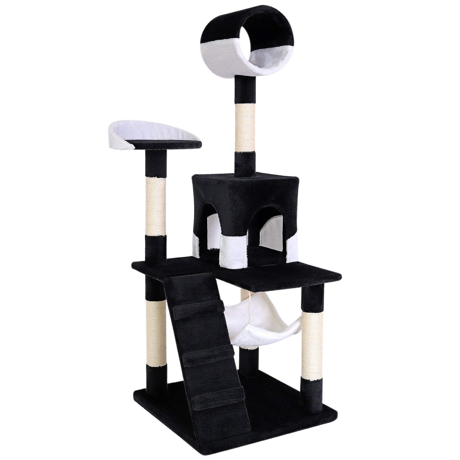 lionto Scratching tree for cats with hammock & tunnel, height 133 cm, cat tree with sisal rope & soft plush, cozy lying areas & caves, suitable for small & large cats, black/white