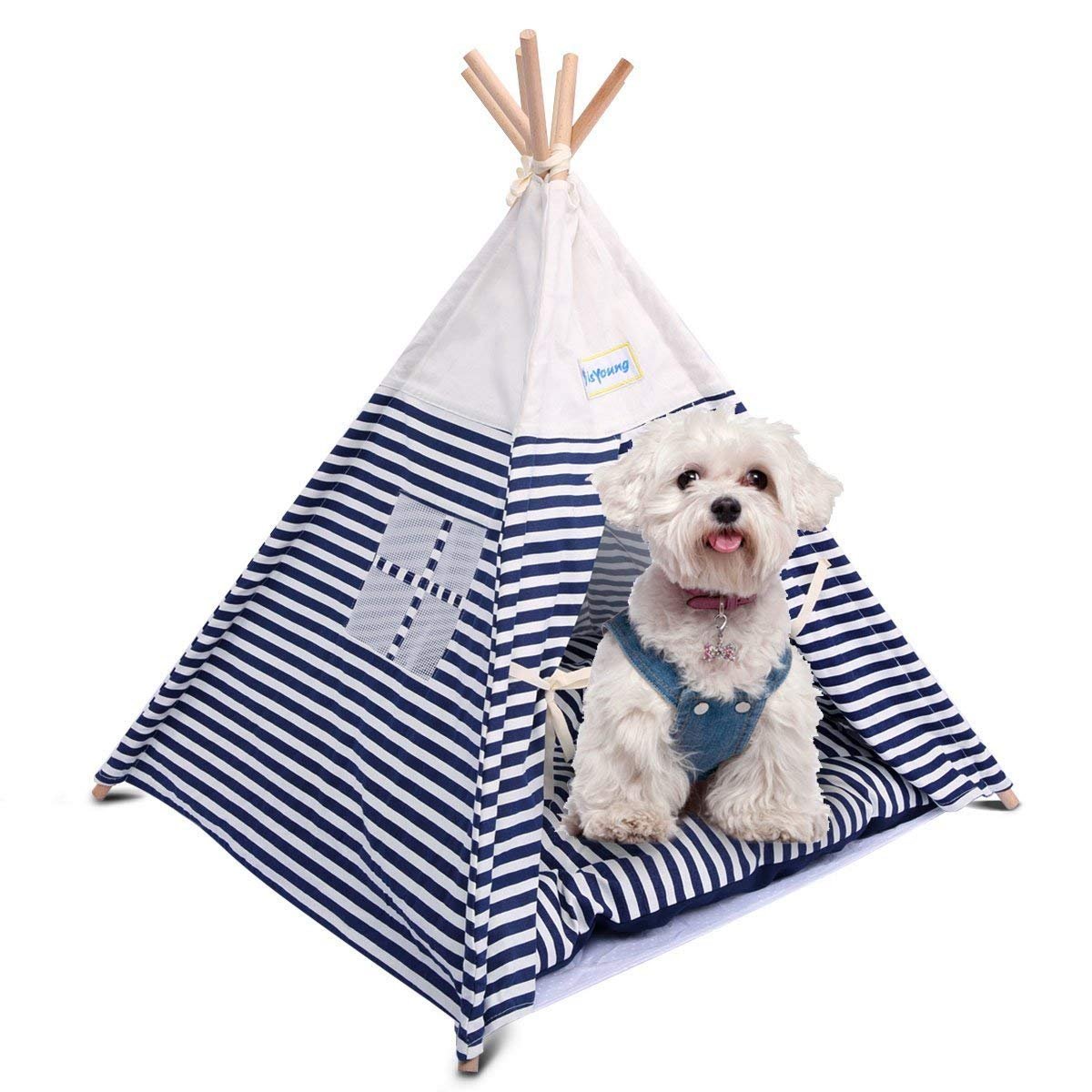 isYoung Pet Tent Bed, Pet Teepee House for Cats and Little Dogs Washable Navy Stripe Style with Breathable Mesh Window - Come with A Mat, Used All Year