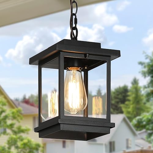 OPAXIS Black Outdoor Pendant Light – Modern Hanging Porch Light With Tempered Glass, Aluminum Waterproof, Adjustable Chain, E26 Base (3-Year Warranty)