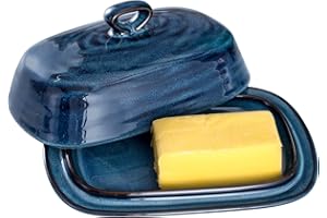 Hasense Porcelain Butter Dish with Lid, Covered Butter Container with Handle Design for Countertop, Blue