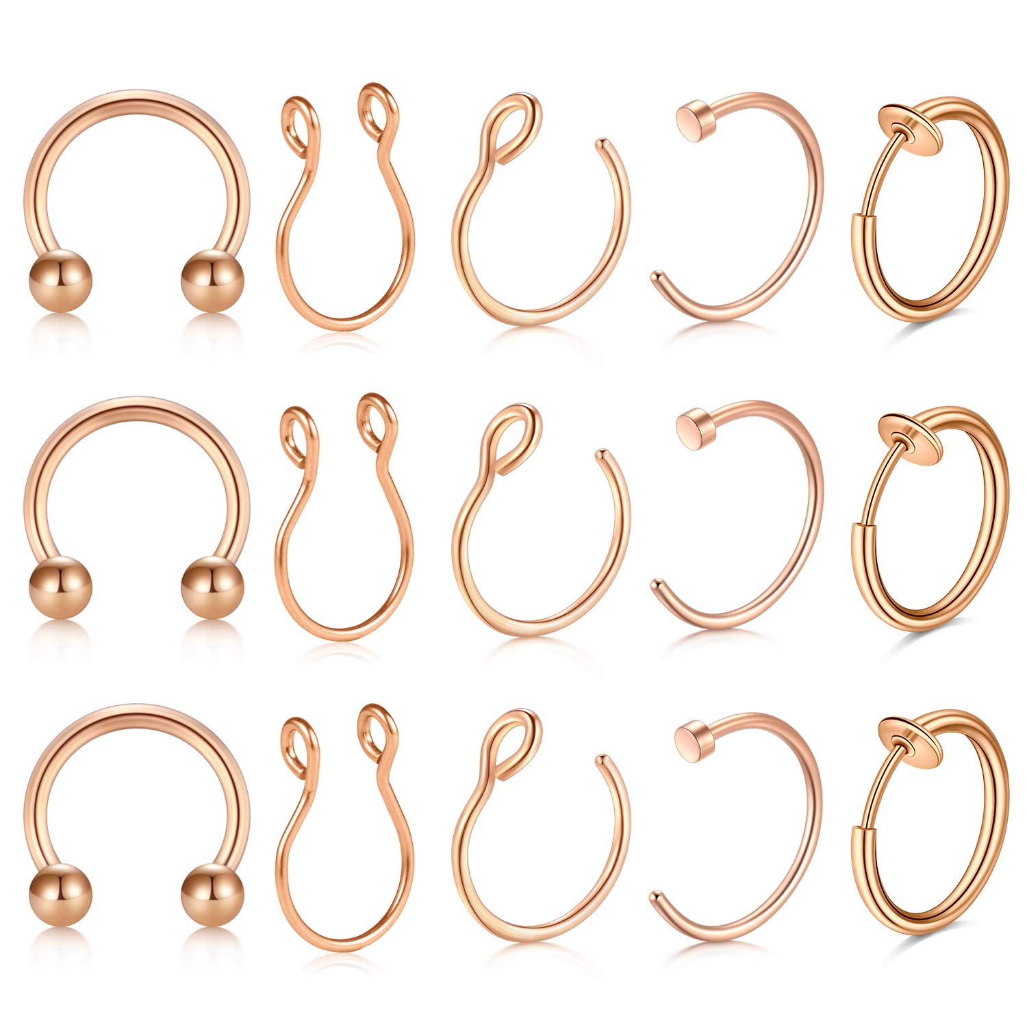 LAURITAMI 15pcs Nose Rings Hoop Peircing 20G Surgical Steel Clip On Nose Earrings Hoops 8mm Piercing Jewelry