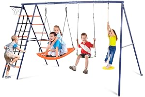 SIHANM Swing Sets for Backyard 550 lbs - 6 in 1 Multifunction Kids Swing Set Outdoor Heavy Duty Extra Large Metal Swing Frame with 3 Adjustable Swing Climbing Net Climbing Ladder Basketball Hoop