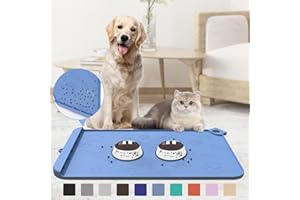 ZIRWTI Pet Feeding Mat, Dog Food Mat, Silicone Pet Feeding Mats with Residue Collection Pocket, Waterproof Dog Cat Bowl Mats for Food and Water with Edge and Hook, Tray for Dog Bowls (Blue, 18''x12'')