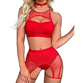 Women Rave Outfits Cutout Fishnet Top Booty Shorts Bottom Choker 3Pcs Babydoll Nightwear Festival Lingerie