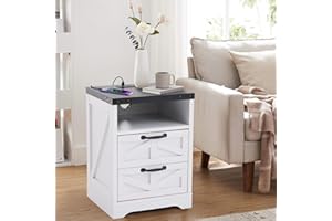 IDEALHOUSE Nightstand with Charging Station, Fluted Side Table with 2 Outlets & 2 USB Ports, 2 Drawers and Open Shelf, Modern