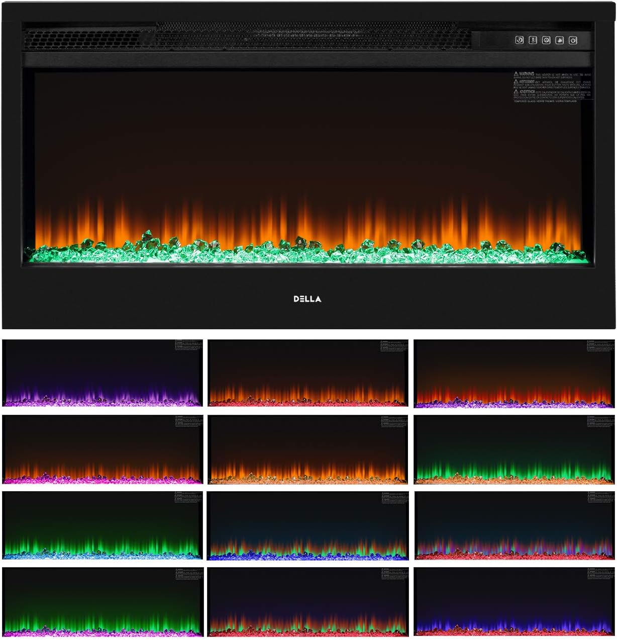 Della Wall Mountable LED Fireplace Infrared Heater (36 Inch) Multicolor Screen for Indoor Space Heating with Remote Control - 1400W