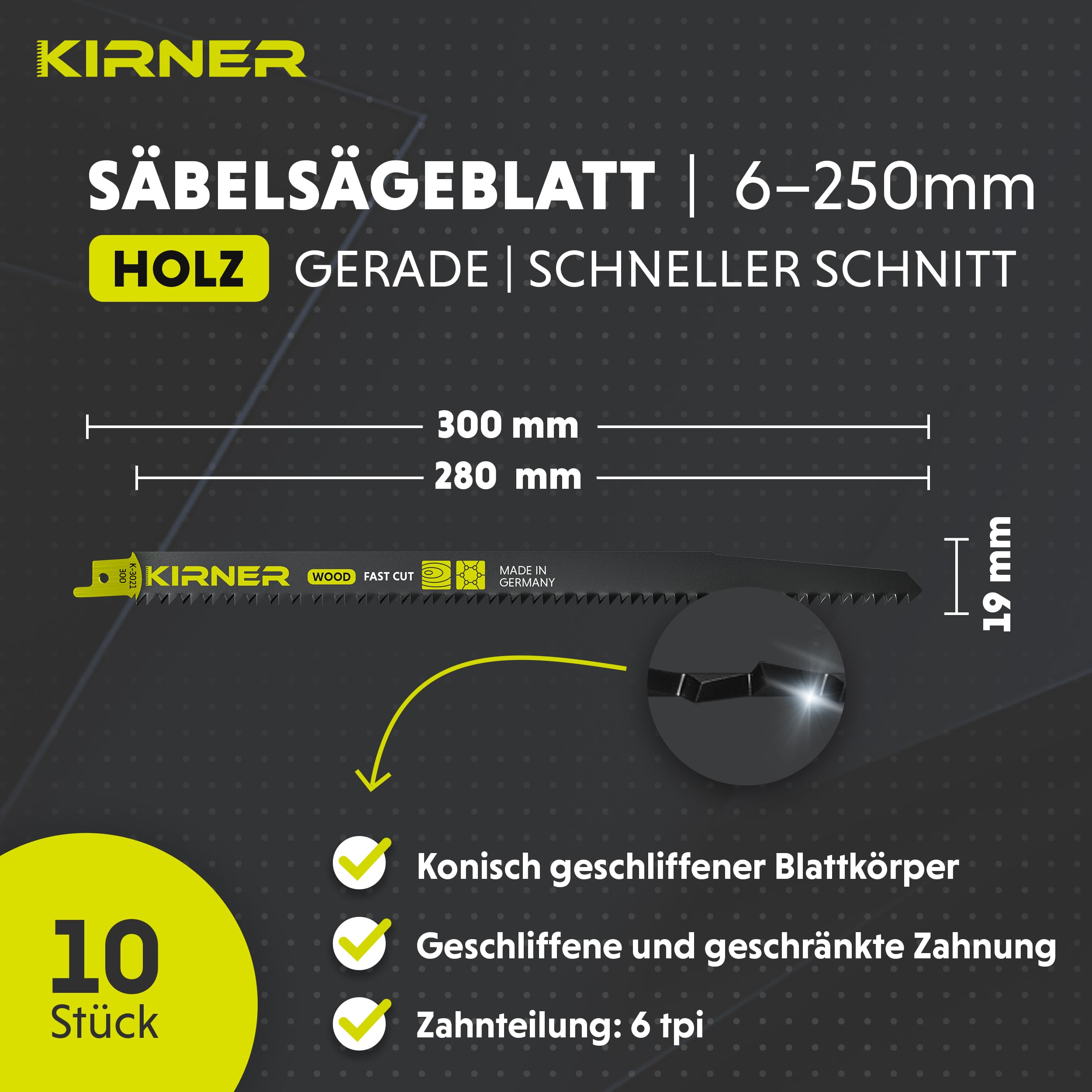 KIRNER Säbelsägeblätter Holz 300mm [ Extrem scharf & Langlebig ] 10er Pack Sägeblätter Säbelsäge inkl. Box - Reciprosägeblätter mit Universalaufnahme für alle Holz und Kunststoff 6-250mm 3