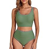 Herseas 2 Piece Bikini Set for Women Color Block 2025 Sporty Longline Swim Top with High Waisted Swimsuit Bottom