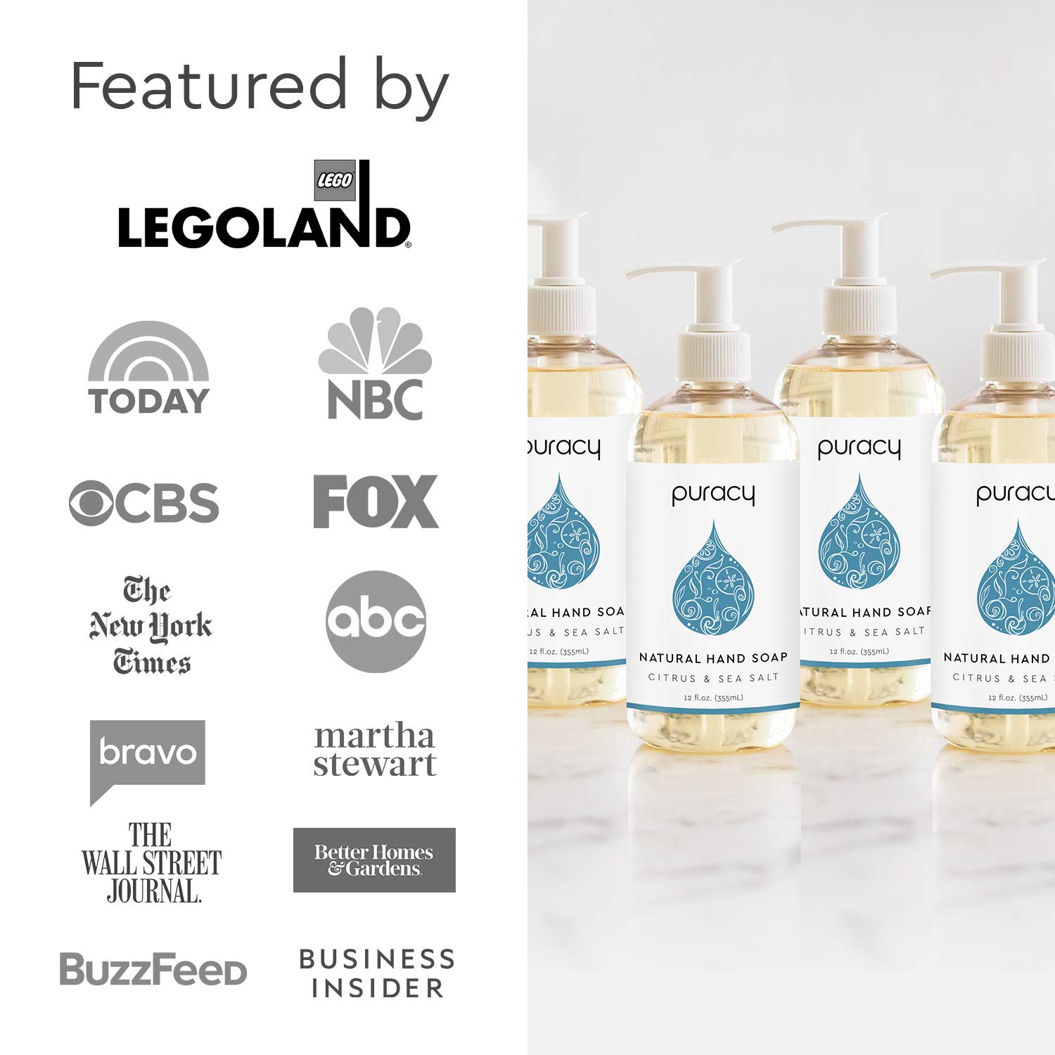 Puracy Natural Gel Hand Wash, Citrus & Sea Salt, Rich Foam, Easy Rinsing, Skin Softening, 12 Fl Oz (4-Pack) : Beauty