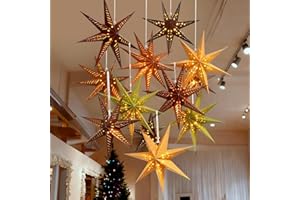 VABAMNA 12Pcs Hanging Christmas Decorations, Decorative Lighted Paper Star Lanterns, 3D Christmas Hanging Lamp Shade Foldable for Xmas Winter Wedding Party Farmhouse Vintage Home Decor Indoor