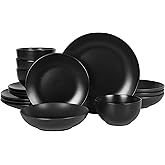 Gibson Home Queenslane 16-Piece Matte Black Stoneware Dinnerware Set – Double Bowl Plates and Bowls, Durable Kitchen Dinner Set