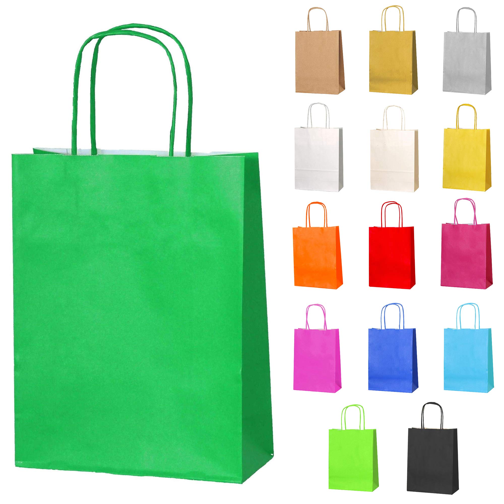 Thepaperbagstore 30 Green Small Paper Party Bags With Handles - 18x22x8cm - Colourful Paper Gift Bags for Kids and Adults Parties, Birthdays, Weddings, Baby Showers, Hen Parties and Sweets
