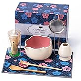 ChaseWind Matcha Set, 8Pcs Floral Ceramic Matcha Set with Matcha Whisk, Holder, Scoop, Scoop Rest, Sifter, Spoon and Tea Towel - Thoughtful Matcha Whisk Set Gift for Matcha Lovers (Beige & Pink)